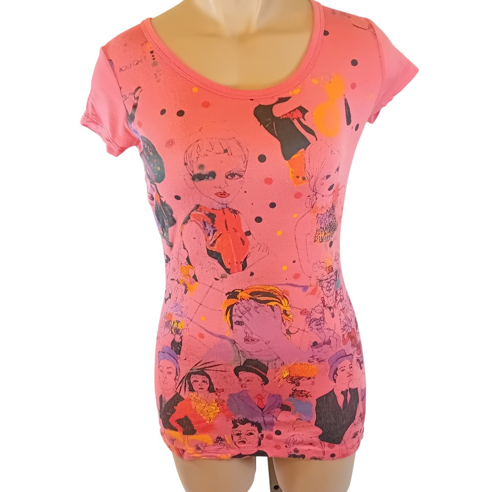 Y2K Miss Sixty Pop Art People Print Graphic Tee Bohemian Mcbling Abstract Fits S